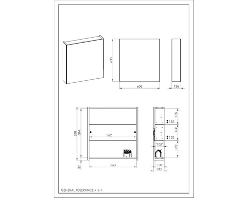 Desen tehnic al unui dulap cu oglindă cu dimensiuni