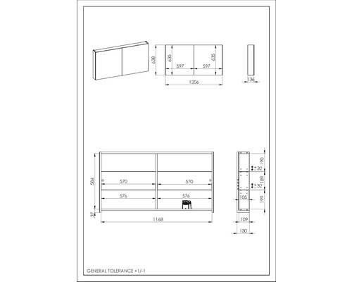 Desen tehnic al unei oglinzi de baie cu dimensiuni indicate