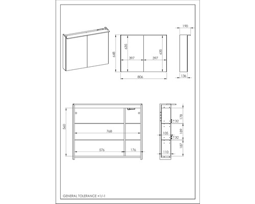 Desen tehnic al unui dulap cu oglindă cu dimensiuni