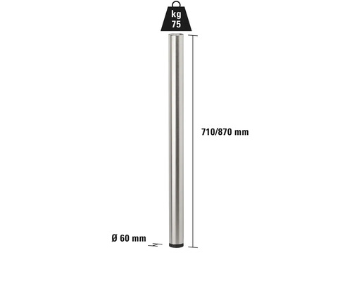 Picior de masă din metal, lungime 710 până la 870 mm, diametru 60 mm, capacitate portantă maximă 75 kg