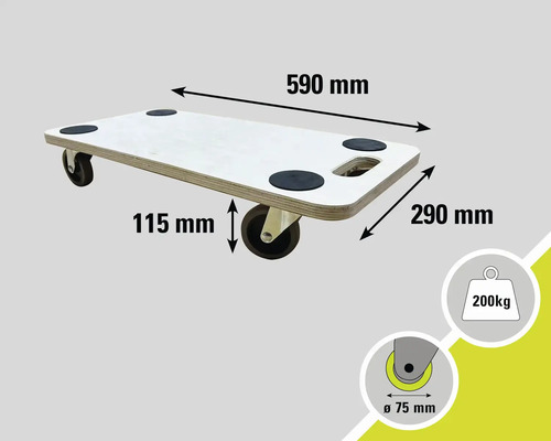 Rotiță pentru mobilă cu dimensiunile 590 mm x 290 mm, înălțime de 115 mm și o capacitate maximă de încărcare de 200 kg.