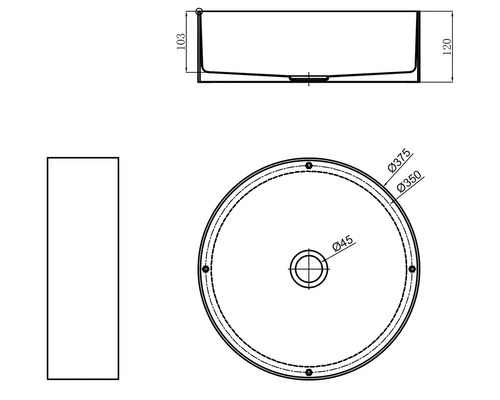 Desen tehnic al unei chiuvete rotunde de blat cu dimensiuni