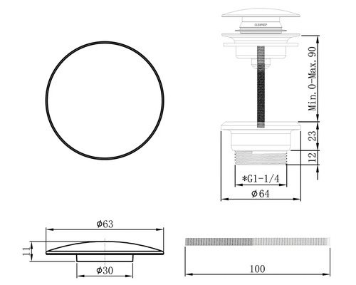 Desen tehnic al unui dop de chiuvetă cu dimensiuni