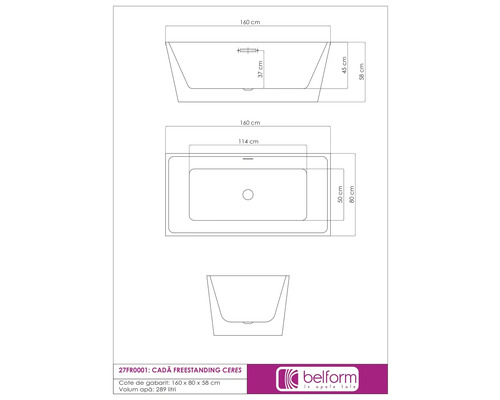 Desen tehnic al unei căzi freestanding cu dimensiuni