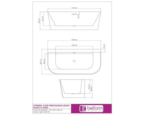 Desen tehnic al unei căzi independente cu dimensiuni