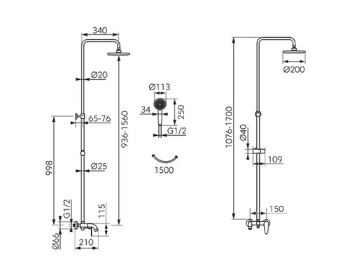 Desen tehnic al unei baterii de duș cu dimensiuni