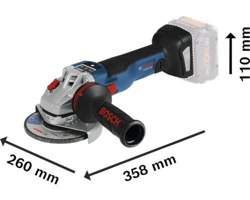 Polizor unghiular cu acumulator Bosch cu dimensiunile de 260 mm, 358 mm și 110 mm.