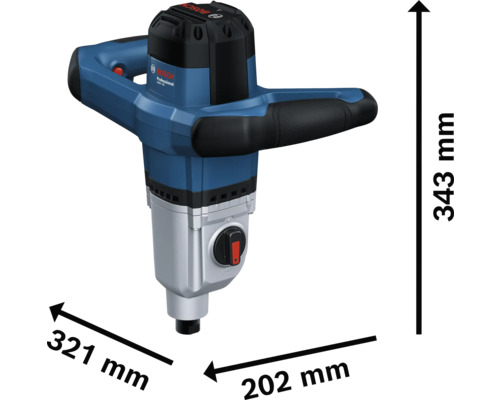 Mixer Bosch Professional cu dimensiunile 343 mm înălțime, 321 mm lățime și 202 mm adâncime.