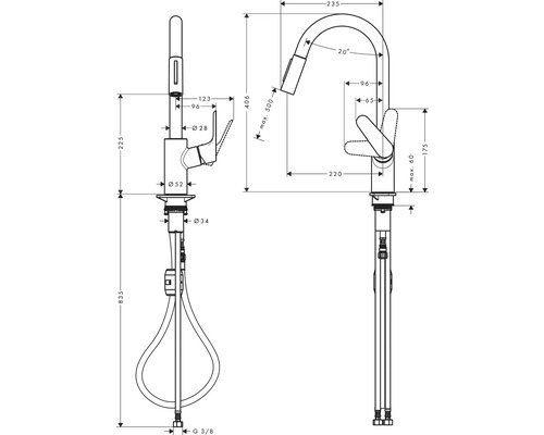 Desen tehnic al unei baterii de bucătărie cu dimensiuni