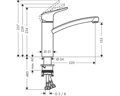 Desen tehnic al unei baterii de apă cu dimensiuni