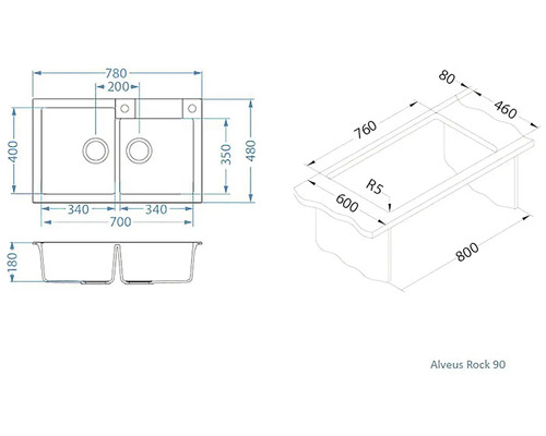 Desen tehnic cu chiuveta Alveus Rock 90 cu dimensiuni