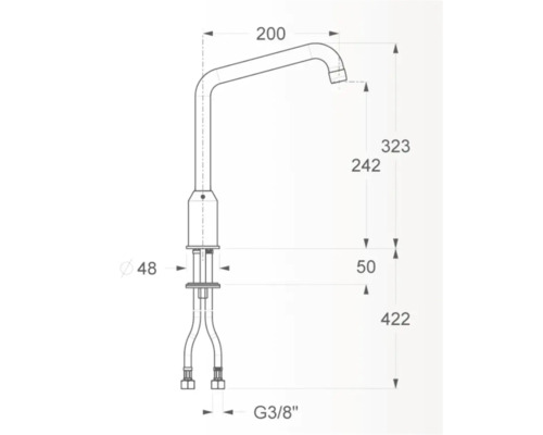 Desen tehnic al unui robinet de bucătărie cu dimensiuni