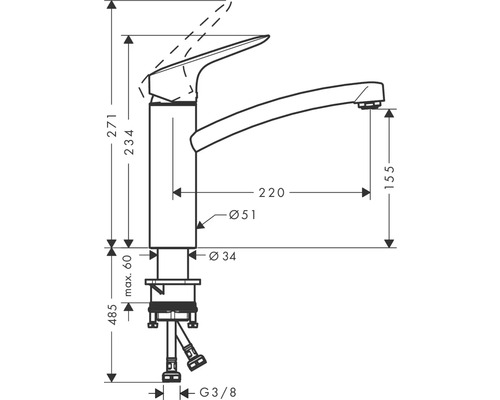 Desen tehnic al unui robinet de bucătărie cu dimensiuni