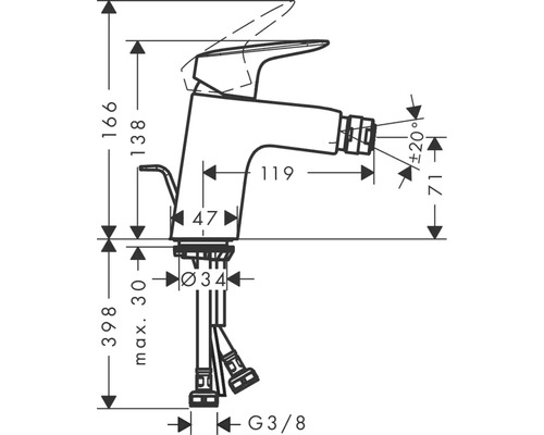 Desen tehnic al unei baterii de apă cu dimensiuni