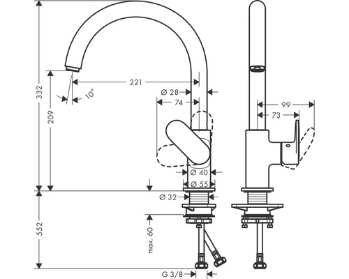 Desen tehnic al unui robinet de bucătărie cu dimensiuni