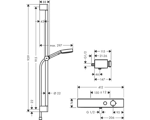 Desen tehnic al unei bare de duș cu dimensiuni