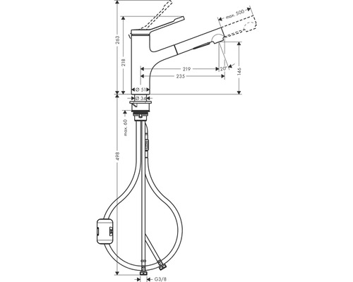 Desen tehnic al unui robinet de bucătărie cu dimensiuni
