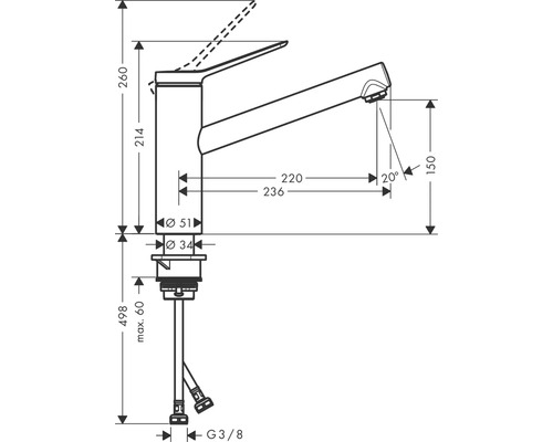 Desen tehnic al unui robinet de bucătărie cu dimensiuni