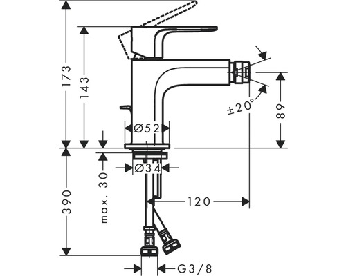 Desen tehnic al unei baterii de lavoar cu dimensiuni