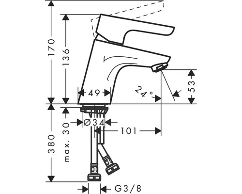 Desen tehnic al unei baterii de apă cu dimensiuni