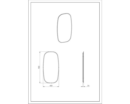 Desen tehnic al unei oglinzi cu dimensiunile 900 x 450 x 24 mm.