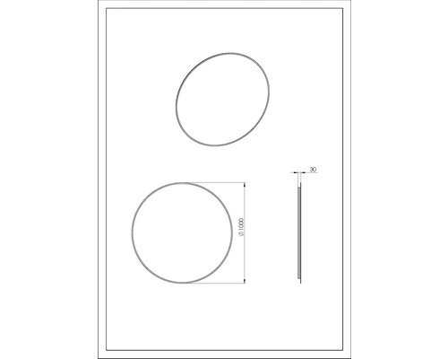 Desen tehnic al unei oglinzi rotunde cu diametrul de 1000 milimetri și grosimea de 30 milimetri