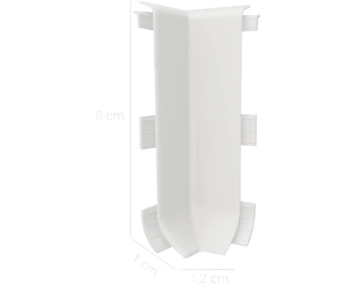Conector de colț din plastic cu dimensiunile 8 cm înălțime, 1 cm lățime și 1,2 cm adâncime