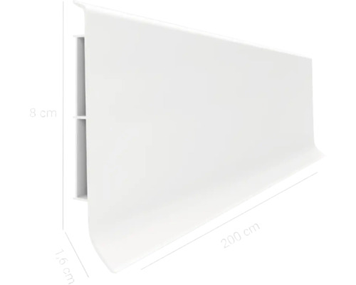 Plintă albă, lungime 200 cm, înălțime 8,6 cm, adâncime 1,6 cm