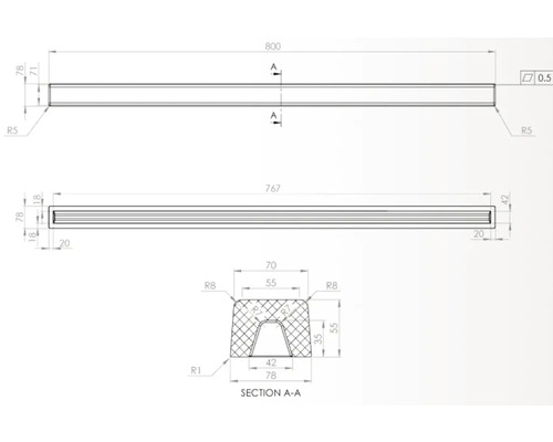 Desen tehnic al unui element de construcție cu dimensiuni indicate