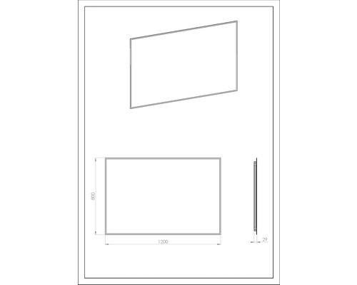 Desen tehnic al unui perete de duș cu dimensiunile 1200 x 800 x 29 milimetri.
