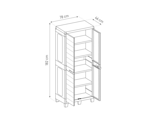 Imaginea unui dulap din plastic cu două uși și rafturi, cu indicații de dimensiuni pentru înălțime, lățime și adâncime.