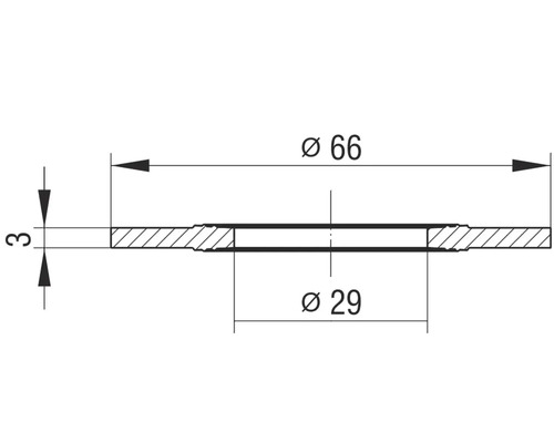 Desen tehnic al unei șaibe cu dimensiunile de 66 mm diametru, 29 mm diametru interior și 3 mm grosime.