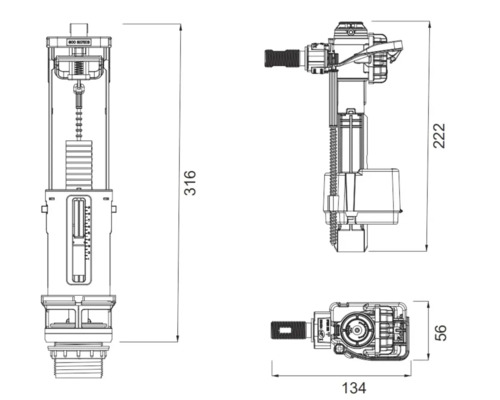Desen tehnic al unui rezervor de toaletă cu dimensiuni indicate.