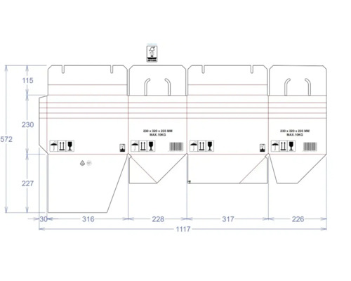 Desen tehnic al unui ambalaj cu indicații de dimensiuni