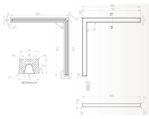 Desen tehnic al unui profil unghiular cu dimensiuni