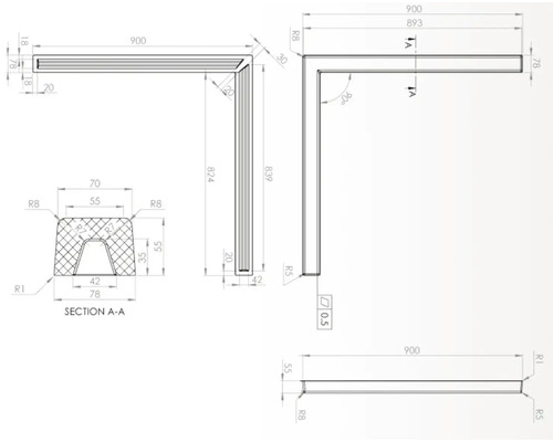 Desen tehnic al unui profil de colț cu dimensiuni