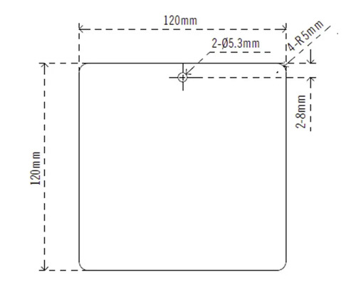 Desen tehnic al unei plăci pătrate cu dimensiunile de 120 pe 120 milimetri