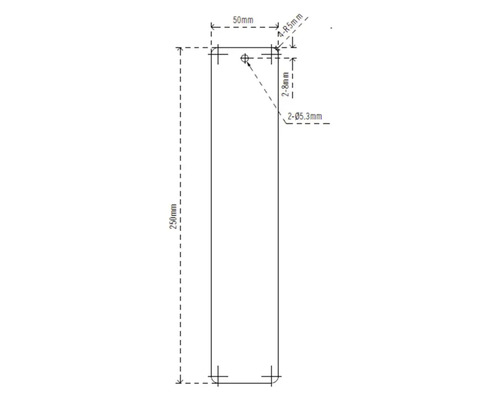 Desen tehnic cu dimensiunile unui produs: 250 mm lungime, 50 mm lățime, găuri cu diametrul de 5,3 mm.