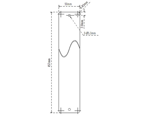 Desen tehnic al unei componente de 457 milimetri lungime, cu găuri și specificații de dimensiuni