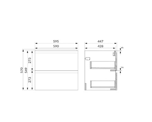 Desen tehnic al unui dulap de bază pentru lavoar cu dimensiuni