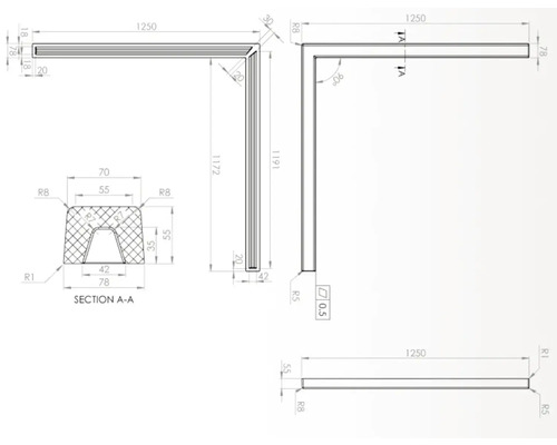 Desen tehnic al unui profil de colț cu dimensiuni