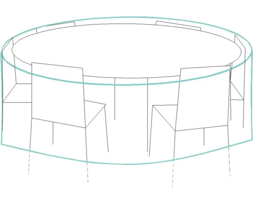 Schiță a unei mese de grădină cu scaune și husă