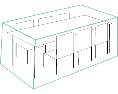 Ilustrație a unei mese de sufragerie cu scaune sub o husă