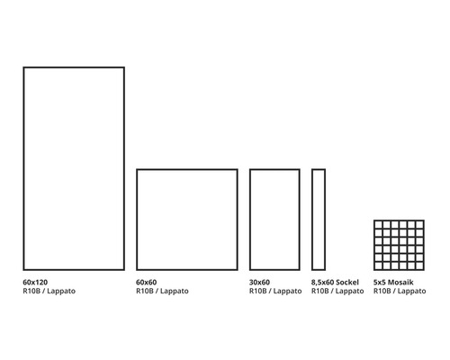 Diverse dimensiuni de plăci: 60x120, 60x60, 30x60, soclu 8,5x60, mozaic 5x5, rezistență la alunecare R10B, suprafață lappato
