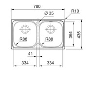 Desen tehnic al unei chiuvete cu două cuve și dimensiuni