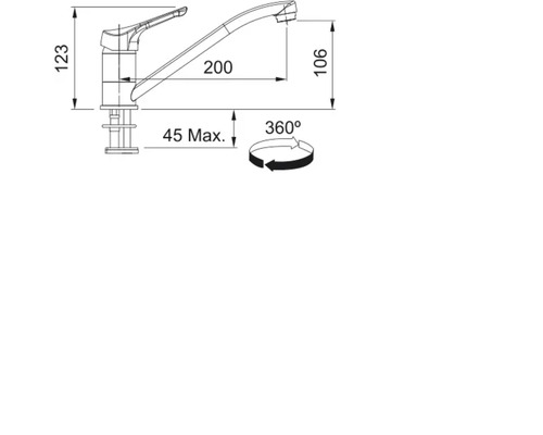 Desen tehnic al unei baterii de bucătărie cu dimensiuni