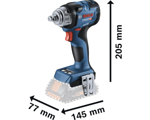 Șurubelniță cu impact cu acumulator Bosch cu dimensiunile de 205 mm înălțime, 77 mm lățime și 145 mm lungime.