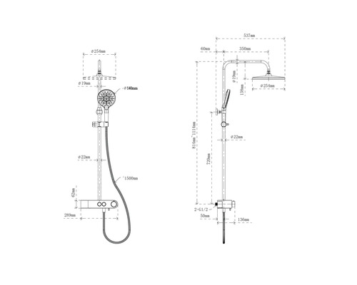 Desen tehnic al unui set de duș cu cote