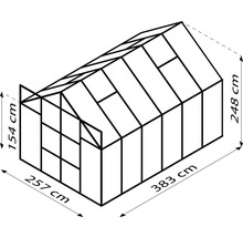 Ilustrație a unei sere cu dimensiunile de 257 cm lățime, 383 cm lungime și 154 cm până la 248 cm înălțime.