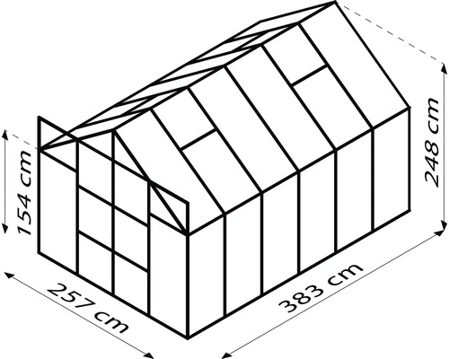 Ilustrație a unei sere cu dimensiunile de 257 cm lățime, 383 cm lungime și 154 cm până la 248 cm înălțime.
